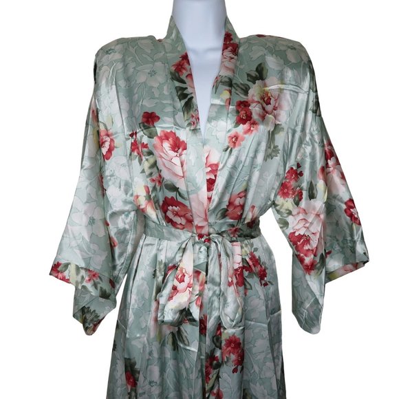 Vintage California Dynesty Full Length Satin Robe Green Floral Shoulder Pads NEW - Picture 2 of 12